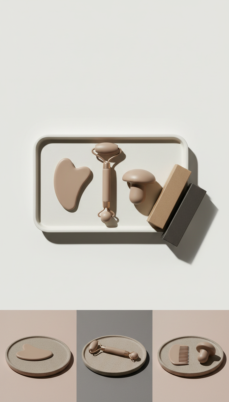 Expert facial tool set with matte ceramic tray, 3/4 angle product shots on matte stone or ceramic platters against...