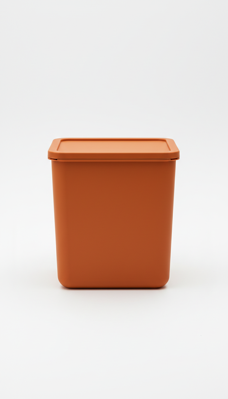 A compact storage bin in Sunset Orange, the image is framed straight-on to emphasize elegance and clarity. No logos, no...